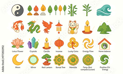 Feng Shui and Spiritual Energy Icons – Balance, Harmony and Positive Flow Illustration