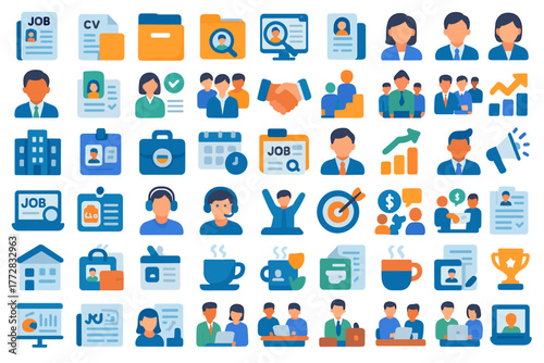 Human Resources and Recruitment Icons – Job Interview, Career Growth and Team Management Illustration