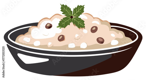 Delicious rice pudding with chocolate chips served in a black bowl, garnished with mint