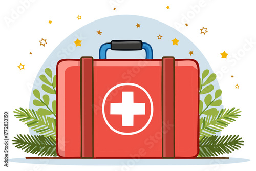 Emergency first aid kit illustration with medical cross symbol and decorative leaves