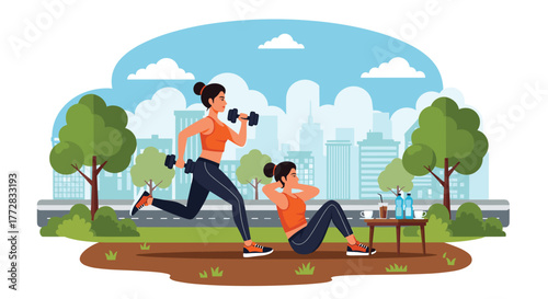 Active women achieving fitness goals with outdoor workouts, dynamic city backdrop inspires healthy lifestyles and personal achievement