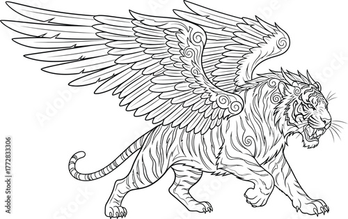 Winged tiger mythical creature fantasy art line art drawing tattoo design beast