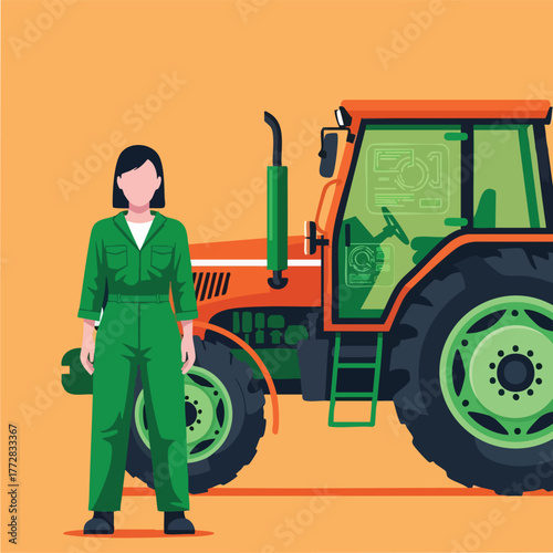Farmer in green overalls beside tractor.