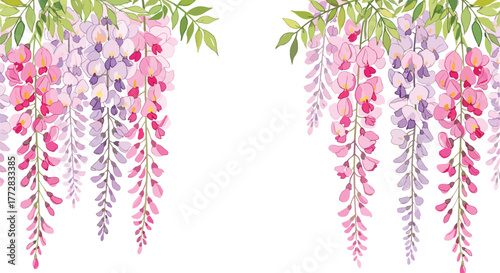 Vibrant cascading wisteria blooms in soft pinks and purples create a breathtaking floral border for elegant springtime designs