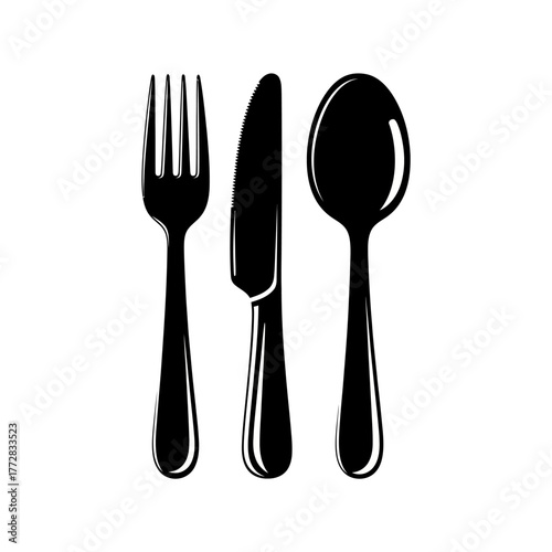 Black silverware set fork knife and spoon isolated.