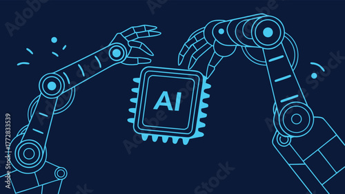 Artificial intelligence chip being assembled by robotic arms vector Abstract