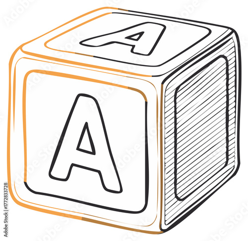Hand drawn sketch illustration of a single toy alphabet block with the letter A for childhood learning