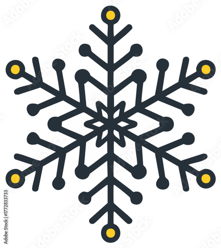 Modern geometric snowflake icon with yellow accents for winter holiday and Christmas design