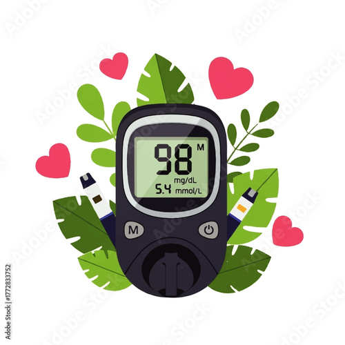 Blood glucose meter displaying a reading, surrounded by leaves and hearts, suggesting health and care.