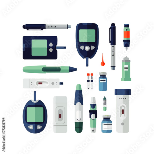 Various medical devices and tools for diabetes management, displayed on white.