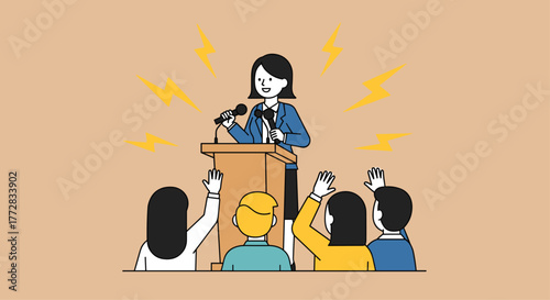 Dynamic businesswoman confidently addresses engaged audience, sparking ideas with powerful presentation and raised hands seeking knowledge