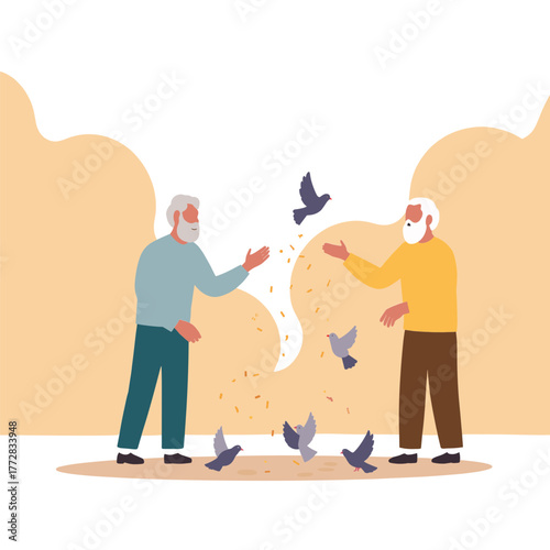 Senior men feeding birds. Elderly men scattering birdseed. Older men feeding pigeons outdoors. Retirees feeding birds together. Elderly set