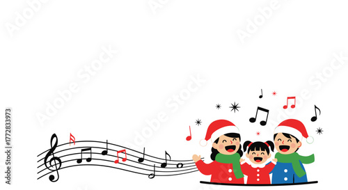 Joyful family chorus sings festive Christmas carols with cheerful music notes and snowflakes