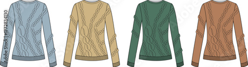 A colorful collection of four long-sleeved knitted sweaters in blue, yellow, green, and brown hues, perfect for layering and casual wear