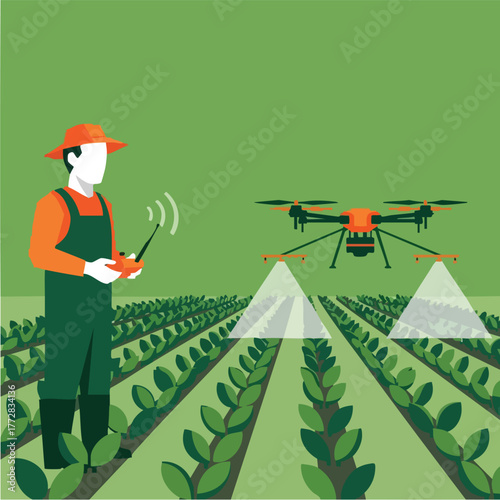 Farmer operating drone controller during agricultural work.