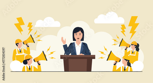 Confident female speaker addresses crowd with megaphones protesting, conveying strong message and public dissent