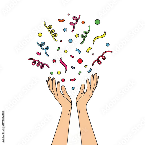 Two hands releasing colorful confetti and streamers into the air, celebrating an event.