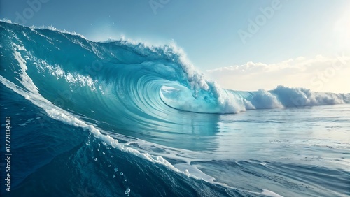 A large ocean wave curling and breaking with sunlight reflecting off the water surface in the ocean