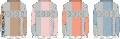 Illustrative technical designs of various sweaters, showcasing diverse color palettes and styles in fashion