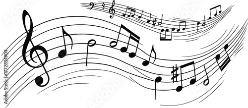 Hand Drawn Music Notes Wave Line Art Illustration.