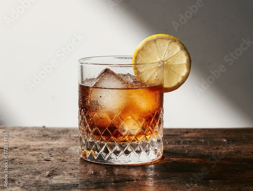 Classic old fashioned cocktail with ice and lemon garnish