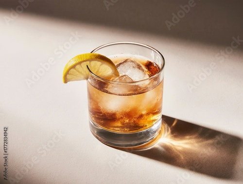 Classic old fashioned cocktail with lemon garnish and ice