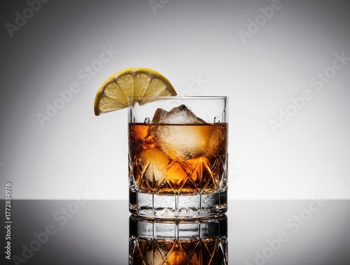 Refreshing whiskey cocktail with ice and lemon garnish