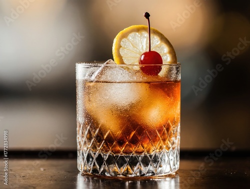 Classic old fashioned cocktail with lemon and cherry garnish