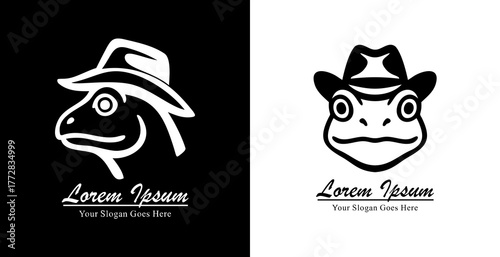Logo design of a frog head wearing a cowboy hat with side and front views