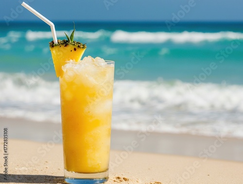 Refreshing pineapple drink on a tropical beach with ocean waves