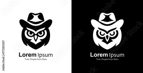 Logo design of an owl head wearing a cowboy hat with a front view