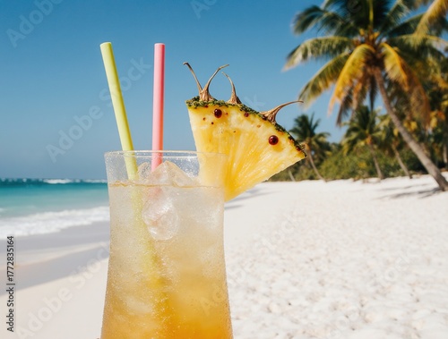 Refreshing tropical cocktail on a sunny beach with palm trees