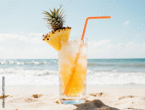 Refreshing pineapple cocktail on a sandy beach with ocean waves