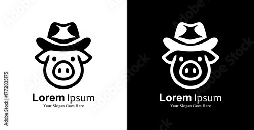 Logo design of a pig head wearing a cowboy hat with front view