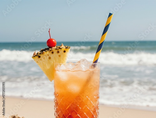 Refreshing tropical cocktail with pineapple and cherry on a beach