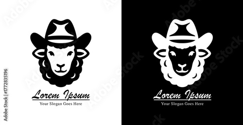 Logo design of a sheep head wearing a cowboy hat with front view