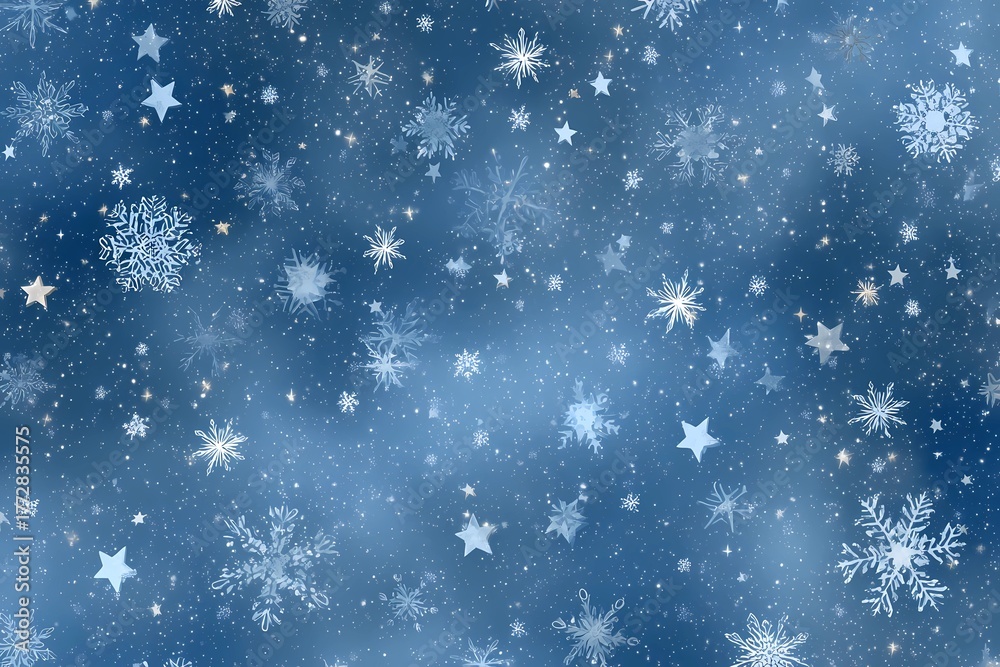 Fototapeta premium Snowflakes and stars create a magical winter scene on a blue background