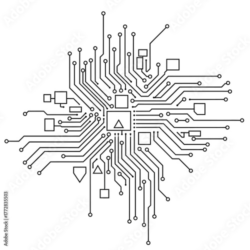 Circuit board design with electronic components and connections.