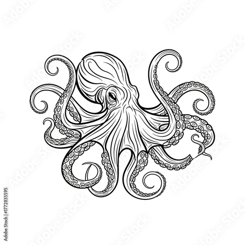 Detailed black and white illustration of an octopus creature.