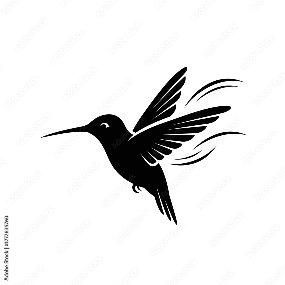 Fototapeta premium Hummingbird silhouette in flight, elegant black bird design.