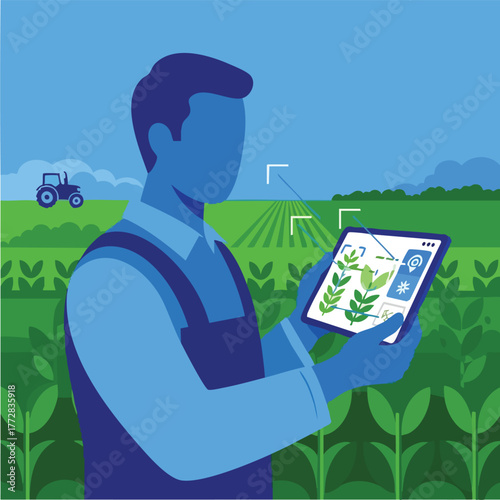 Farmer Using Tablet in Field Inspecting Crops.