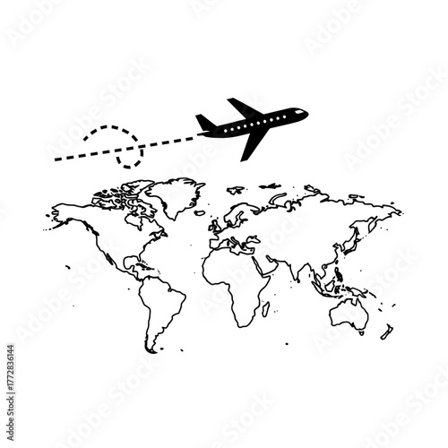 Airplane flying over the world map representing travel.
