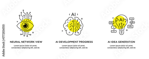 Set of illustrations concept with businessmen. technology, partnership, artificial intelligence business robot, cybes. linear illustration Icons infographics. Landing page site print poster. Line