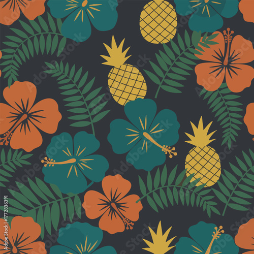 Tropical floral pattern with pineapples and hibiscus flowers, seamless vector illustration