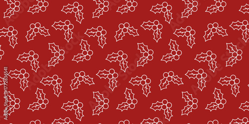 Seamless pattern of festive red background with white holly leaves and berries, ideal for Christmas and winter holiday designs