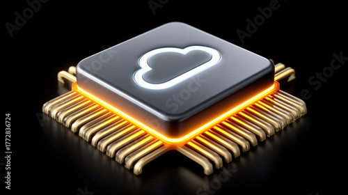Floating ai chip in cloud for fintech innovation with glowing edge on black background