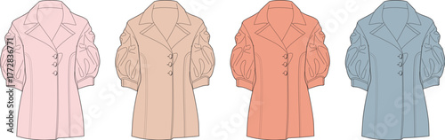 Collection of vintage-inspired women's fashion coats in pastel shades with unique puff sleeves and button details