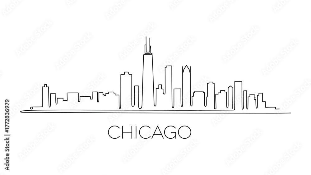 Fototapeta premium Chicago City Skyline in Linear Art: A minimalist linear art depiction of Chicago's iconic skyline, showcasing its architectural marvels and urban sophistication.