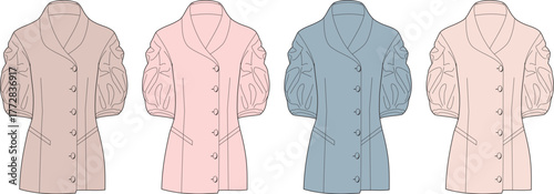 Set of four colorful fashion flat sketches of a women's blouse with puffed sleeves and double-breasted buttons. Vector technical drawing template