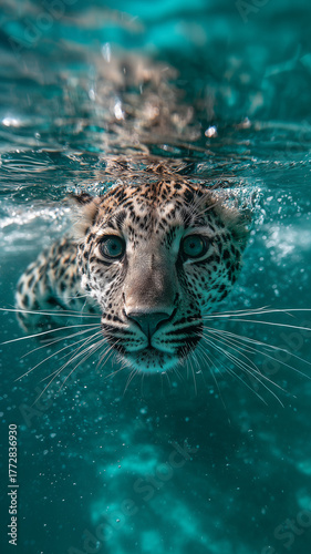 Leopard Swimming Toward Camera with Focused Gaze and Water Splashes

